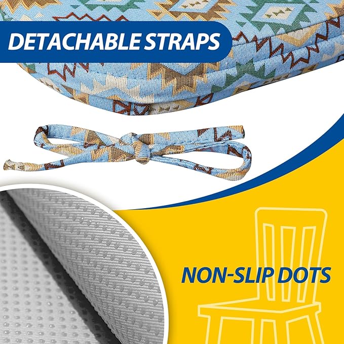 AAAAAcessories D-Shaped Chair Cushions, 2" Thick Dining Chair Pads with Ties and Removable, Machine-Washable Cover, 17" x 16", Set of 6, Geometric Blue