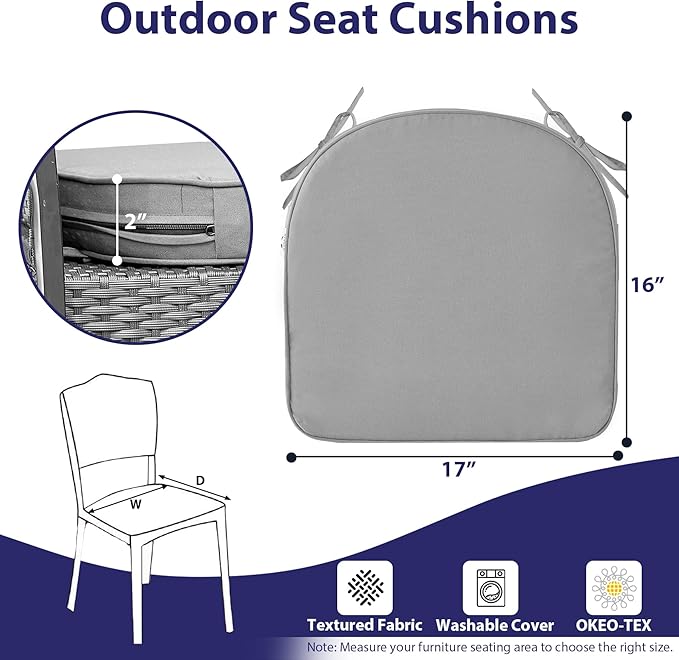 IPYNBAP Outdoor Chair Cushions Set of 4 -Waterproof Outdoor Seat Cushions for Patio Furniture, Patio Chair Cushion with Handle and Ties, Out Door Chair Pads,17x16x2-Round, Grey
