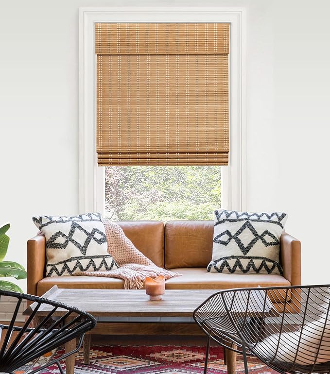 LazBlinds Cordless Bamboo Roman Shades, Light Filtering Window Blinds for Interior Windows, Privacy Roll Up Bamboo Blinds and Shades for Home & Patio, 59" W x 36" H, Brown