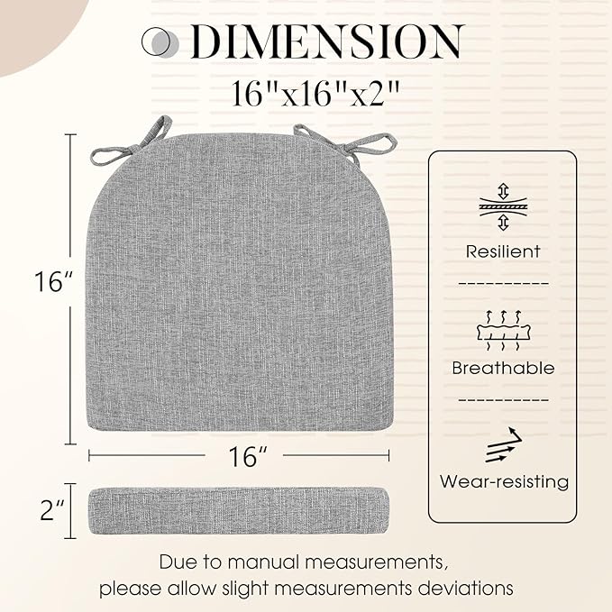 Basic Beyond Chair Cushions for Dining Chairs 4 Pack, Kitchen Chair Cushions with Ties and Non Slip Backing, 16 x 16 inches Chair Pads for Dining Chairs (Light Grey)
