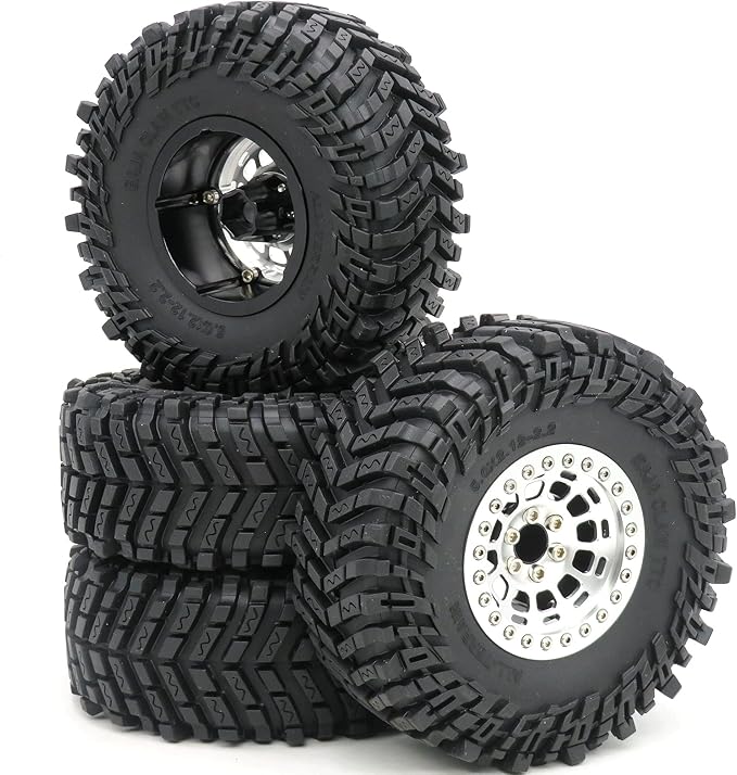 HOBBYSOUL 2.2 Tires Height 5.0'' (with Foam) & 2.2 Beadlock Wheels Silver for RC Mud Crawler Trail Gen8 Everest gen 7 Pro/Axial Capra Wraith / TRX4, (4-Pack, Assembled)