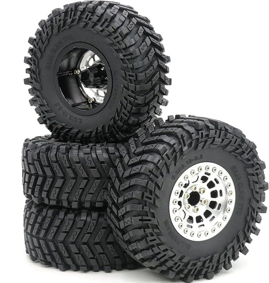 HOBBYSOUL 2.2 Tires Height 5.0'' (with Foam) & 2.2 Beadlock Wheels Silver for RC Mud Crawler Trail Gen8 Everest gen 7 Pro/Axial Capra Wraith / TRX4, (4-Pack, Assembled)