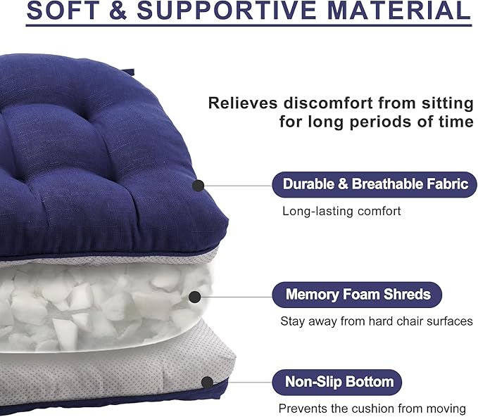 Battilo Chair Cushions Set of 2 for Dining Chairs, Seat Cushions for Kitchen Chairs with Non-Slip Backing, Indoor/Outdoor Waterproof Chair Seat Pads with Ties, 15.5"x15.5"x4", Navy