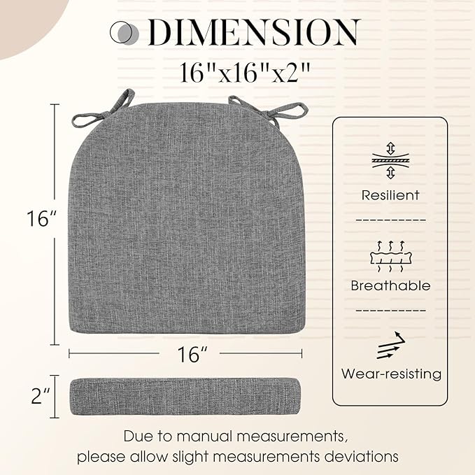 Basic Beyond Chair Cushions for Dining Chairs 4 Pack, Kitchen Chair Cushions with Ties and Non Slip Backing, 16 x 16 inches Chair Pads for Dining Chairs (Dark Grey)