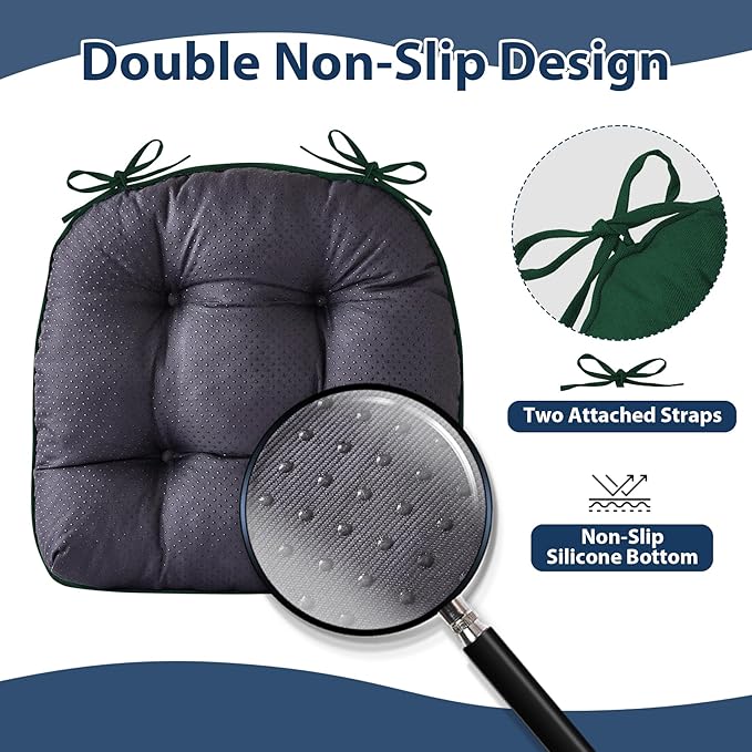 IASEAHK Chair Cushions for Dining Chairs, Seat Cushions for Kitchen Chairs, Indoor Seat Cushions with Ties, Tufted Foam Chair Pads, Non Slip Chair Cushions Set of 4, 15.5" x 15.5" x 4", Dark Green