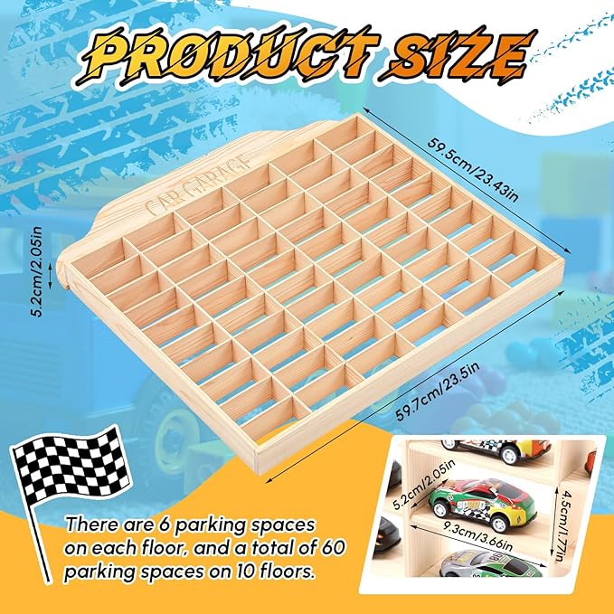 Seenelling Wooden Display Case for Hot Diecast Wheels, Wall Mount, 1/64 Scale, Toy Car Storage Display Shelf, Model Car Storage Organizer, Cabinet for Model Collectible(Wood Color,60 Spaces)