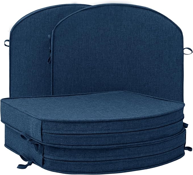 Outdoor Chair Cushions, Fade-Resistant & Water-Resistant, D Shaped Patio Furniture Seat Chair Pads Replacement with Ties, Non-Slip Bottom, Removable Cover, Set of 4, 19 x 19 Inch, Navy Blue