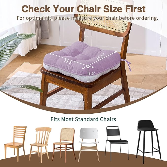 BETU Chair Cushions for Dining Chairs Set of 4,3.5" Thick Kitchen Table Chair Pads with Ties,Non Slip Backing and Covers, Seat Cushion for Dining Room,Bar,Patio Chairs,15.5"X15.5"X3.5",Purple