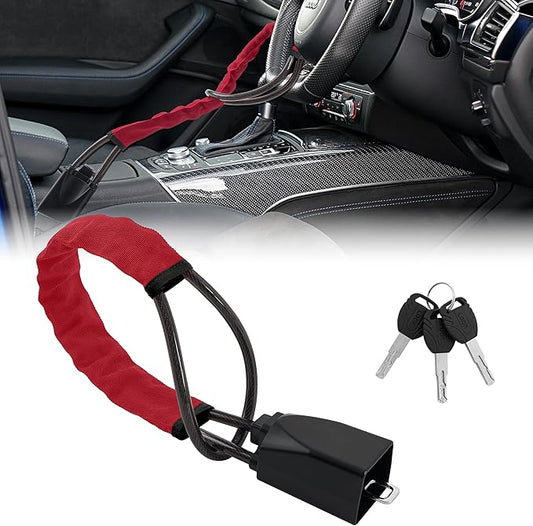 Car Steering Wheel Lock, 1 Pack Anti Theft Car Device with Max 17” Locking Length, Thickened Steel Wire, and Fine Stitched Edges, 3 Keys Included, Easy to Store, Fits Most Vehicles, SUVs（Red）