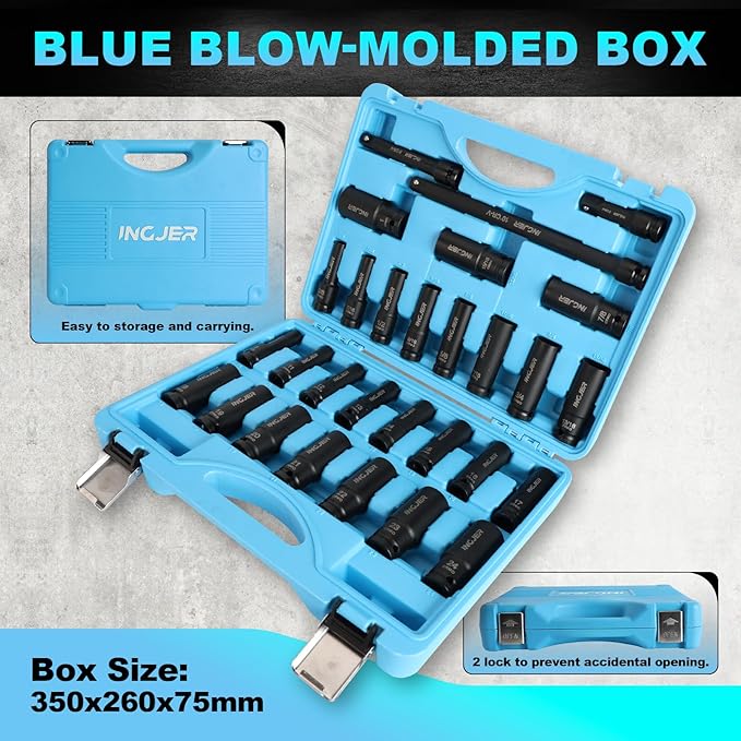 1/2" 29PCS Impact Socket Set, Mechanic Tool Set,SAE (3/8"-1") & Metric (10-24mm), Standard & Deep Sockets with Extension Bars. CR-MO Steel, High Torque, Ideal for Truck Bearing Locknut.
