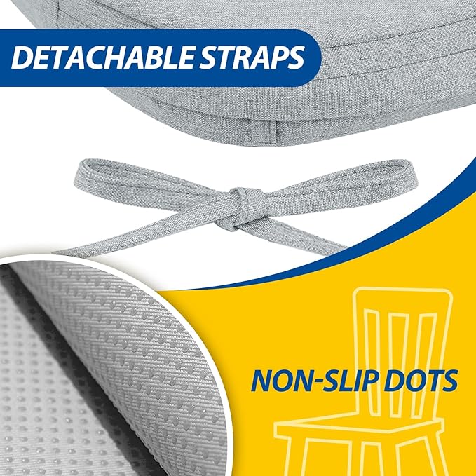 AAAAAcessories D-Shaped Chair Cushions, 2" Thick Dining Chair Pads with Ties and Removable, Machine-Washable Cover, 17" x 16", Set of 6, Gray