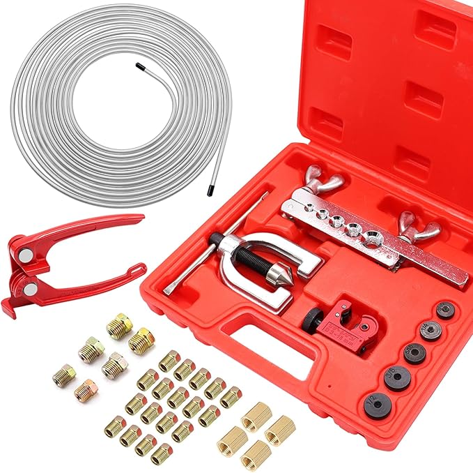 25 ft 3/16inch Zinc Coated Alloy Brake Line Kit(Includes 24 Fittings and 4 Unions) with Tube Bender and Double & Single Flaring Tool Kit