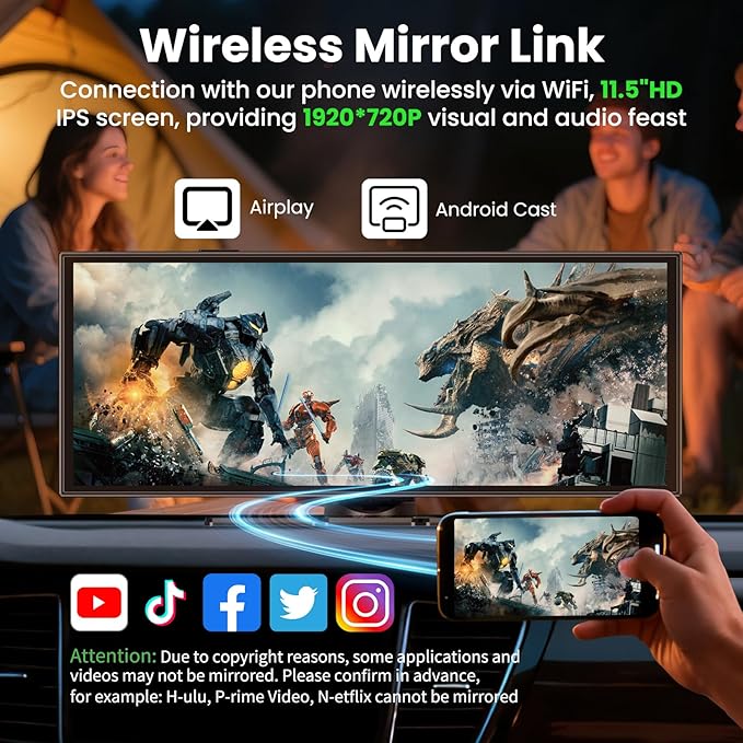 Largest 11.5 inch Wireless CarPlay Screen for Car, A-pple CarPlay & Android Auto HD Touchscreen with 4K Dash Cam/1080P Backup Camera/Navigation/Bluetooth/Voice Control/FM/Mirror Link,for All Vehicles