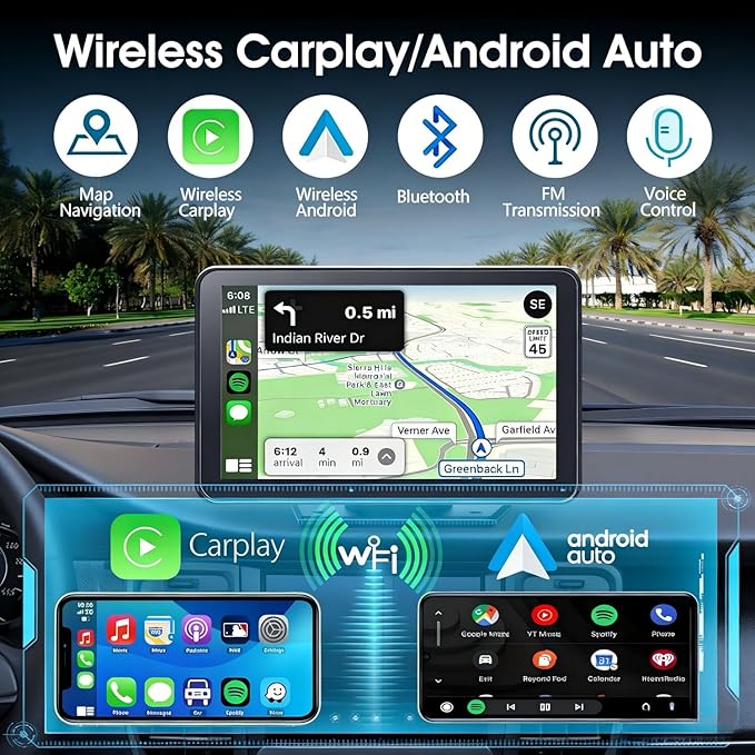 Carplay Screen for Car, 7" HD Wireless Apple CarPlay & Android Auto, Portable Car Stereo Touchscreen with Bluetooth, Mirror Link, Voice Control, Backup Camera, GPS Navigation, AUX, Fits All Vehicles