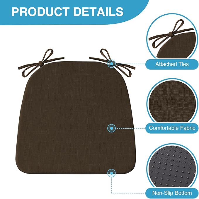 IASEAHK Chair Cushions for Dining Chairs Set of 6, Non Slip Kitchen Chair Pads, 17" x 16" x 2", Indoor Dining Chair Cushions with Ties, D-Shaped Seat Cushions for Kitchen Chairs, Brown