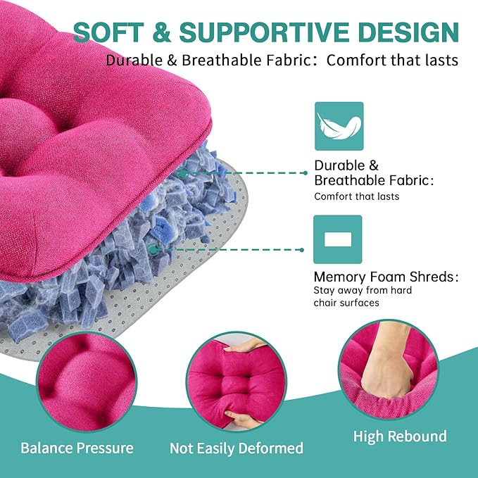 BETU Chair Cushions for Dining Chairs Set of 4,3.5" Thick Kitchen Table Chair Pads with Ties,Non Slip Backing and Covers, Seat Cushion for Dining Room,Bar,Patio Chairs,15.5"X15.5"X3.5",Hot Pink