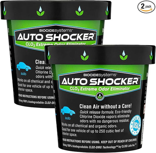 Biocide Systems Auto Shocker Strong Car Odor Eliminator, Eco-Friendly ClO2 Odor Remover for Tough Odors in Vehicle Interiors, Up to 250 Cubic Feet (2-Pack)