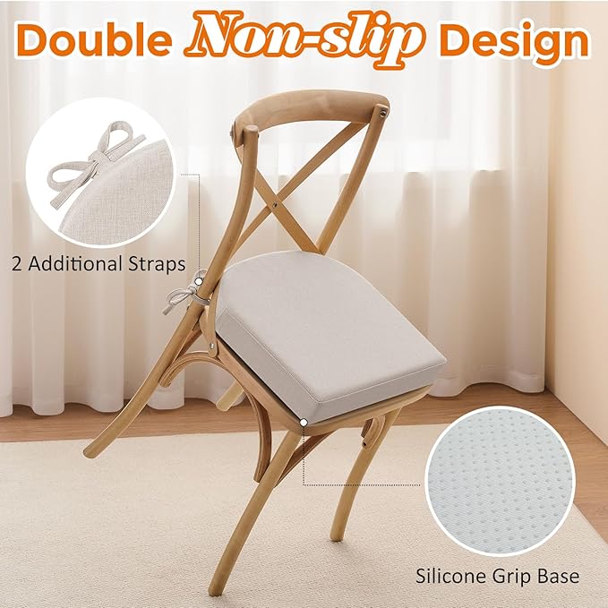 downluxe Chair Cushions for Dining Chairs, Memory Foam Linen Kitchen Chair Pads with Ties, Waterproof, Stain-Resistant and Washable Cover, 17" x 16" x 2.5", Beige, 4 Pack