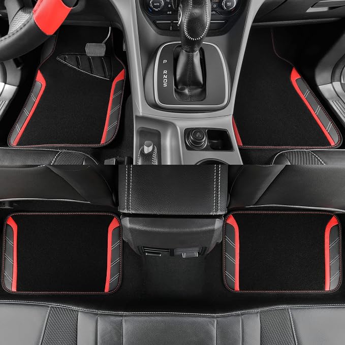 CAR PASS Leather Steering Wheel Cover and Waterproof Car Floor Mats,Microfiber Universal Car Combo Fit for 95% Sedan,SUV,Cars,14.5-15inch Sporty Anti-Slip Safety Comfortable Design(Black＆Red)