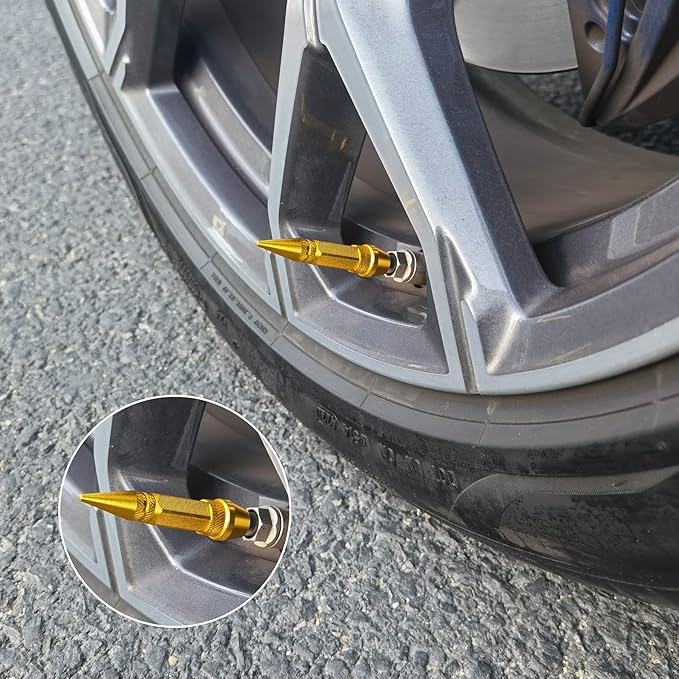 SINGARO 60mm Spiked Valve Caps,Aluminum Alloy Dustproof and Waterproof Tire Valve Stem Caps, Suitable for Cars, Trucks and Motorcycles (4PCS Gold)