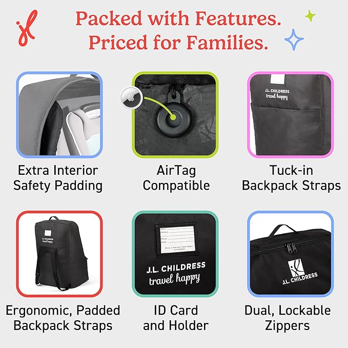 J.L. Childress Padded Backpack Car Seat Bag - Car Seat Travel Bag for Airplane, Fits Most Baby & Infant Carriers & Bootsters, Accessories for Gate or Baggage Check, AirTag Compatible - Deluxe, Black