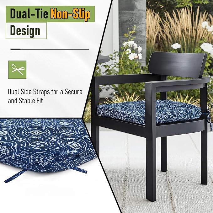 Basic Beyond Outdoor Chair Cushions Set of 4, Outdoor Cushions for Patio Furniture, Water Resistant Patio Chair Cushions with 2 Ties, 17x16x2, Blue Circles
