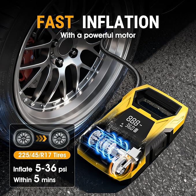 CARSUN Cordless Tire Inflator Portable Air Compressor, 150 PSI Air Compressor for Car Tires, Portable Tire Inflator with Digital Dual Values Display, Tire Pump for Car, Bike, Motorcycle, Ball
