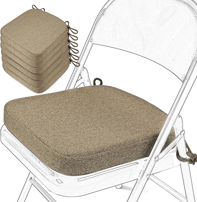 SINOSSO Memory Foam Chair Cushions for Folding Chairs 6 Pack, Thickened 2" Square Pads with Ties for Kitchen Chairs, Indoor Non-Slip Dining Chair Seat Cushions (Set of 6, Linen)