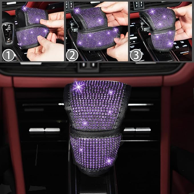 NBTEPEM 8 pcs Bling Car Accessories Set for Women, Steering Wheel Cover, Sparkly Seat Belt Covers, Bling Gear Shift Cover, Universal Fit Most Cars (Purple Violet Diamond)