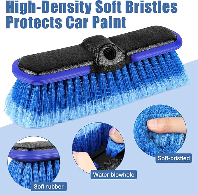 Car Wash Brush Head with Soft Bristle 10 Inch, Car Cleaning Brush with Protective Bumper for Cleaning Auto Cars Trucks RV Boat Deck (Blue) (1 Pack)