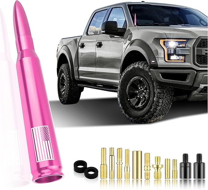 Car Bullet Antenna,Truck Exterior Decoration Accessories Car Vehicle Replacement Antenna Conpatible with Ford F150 RAM 1500 GMC Heavy Duty Pickup Trucks Accessories(New Upgrade Pink-U.S. Flag)…