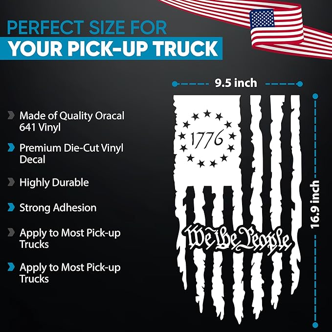 GRITKULTURE We The People Distressed American Flag Decal Vinyl for Trucks, Cars, Tailgate, Windows Preamble of The US Constitution fits Most Pickup Trucks-Rear USA Flag Car Sticker (White)