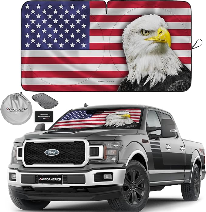 Autoamerics Truck Windshield Sun Shade with Storage Pouch & Anti-Slip Dash Pad - Foldable American Eagle Flag Design - Fits Most SUVs & Trucks - Blocks UV Rays, Keeps Car Cool | X-Large (66 x 36 in)