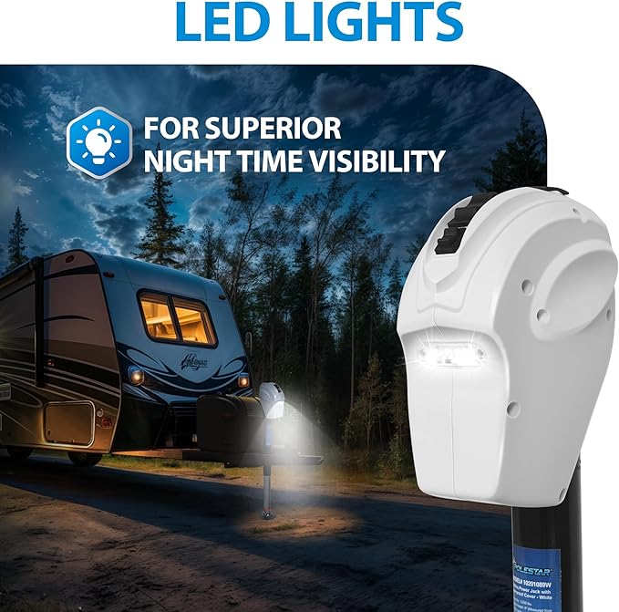 POLESTAR Electric Trailer Jack 5000lbs, A-Frame RV Electric Power Tongue Jack with Waterproof Protective Cover & LED Light, Electric Jacks for Travel Trailers Camper, RV, 12V DC, White, 22.5" Lift