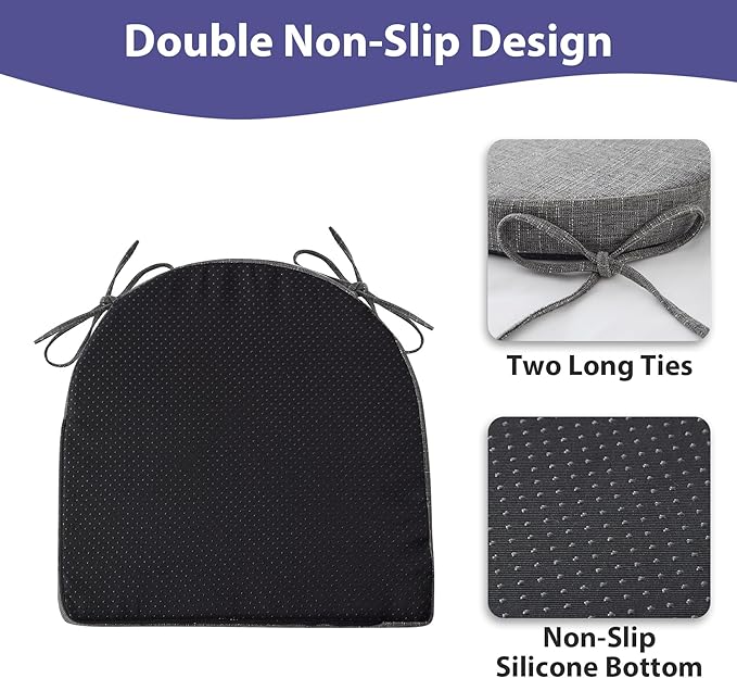 IPYNBAP Chair Cushions for Dining Chairs, Kitchen Chair Cushions, 16'' x 16'' x 2'', Non Slip Indoor Seat Cushions, Chair Pads for Dining Chairs with Ties & Removable Cover, Set of 2, Dark Grey