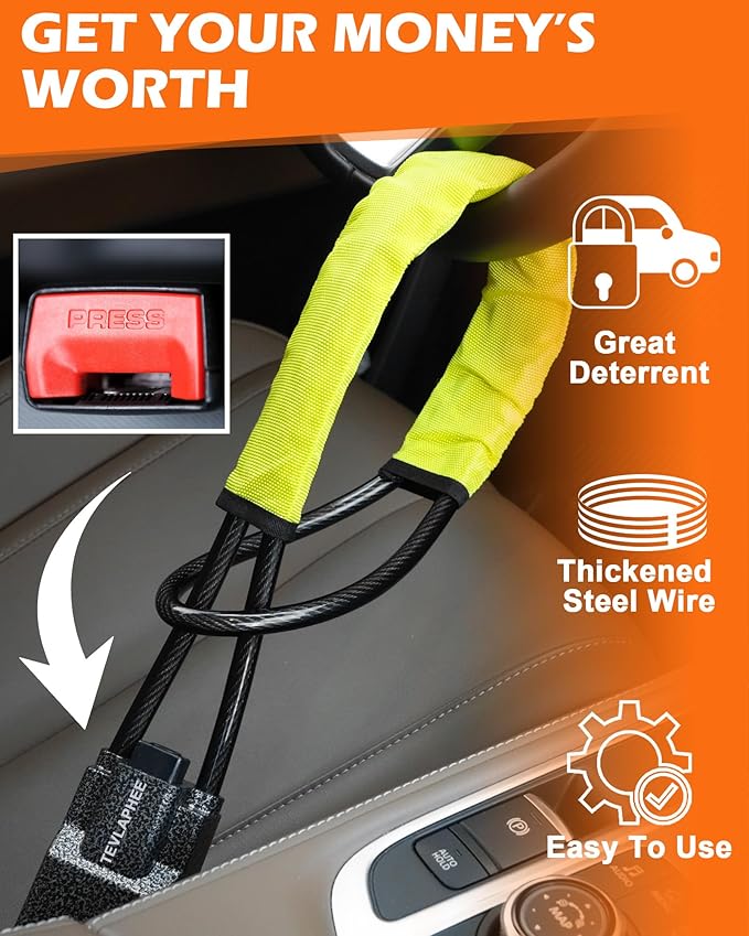 Tevlaphee Steering Wheel Lock Seat Belt Lock Universal Anti Theft Car Device Car Lock Car Theft Prevention with 3 Keys for Car Security Fit Most Vehicles Truck SUV Van (Yellow)