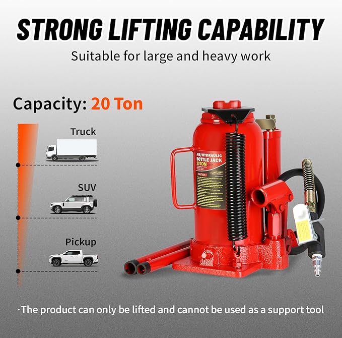 20 Ton Air Hydraulic Bottle Jack with Air-Powered or Manual Operation, One-Piece Hydraulic Cylinder Design, Air Bottle Jack with Carry Handle for Pickup Trucks, Commercial Vehicles, and Farm Equipment