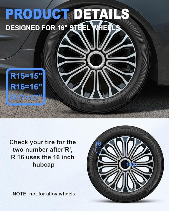 ABX Hubcaps,16 inch hubcaps Set of 4, Wheel Rim Cover ABS Material, Snap On Car Truck SUV Replacement, for Toyota Camry Nissan Mazda etc, Black&Silver