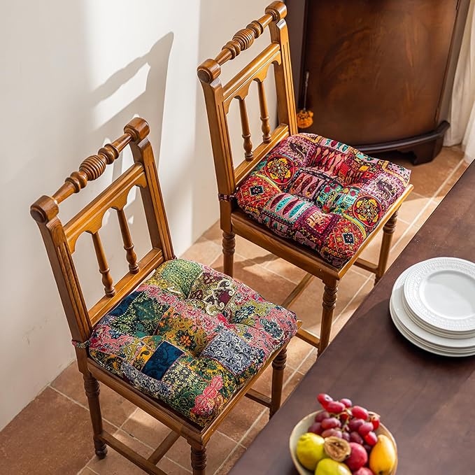 vctops Boho Chair Cushions with Ties Patchwork U-Shaped Soft Cozy Cotton Linen Chair Pads Non Slip Seat Cushions for Indoor Dining Room and Kitchen Chairs (Pink B,16"x16")
