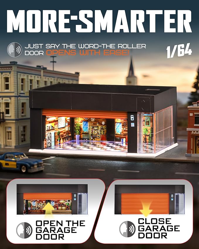 1/64 Scale Diecast Display Case for Hot Wheel Storage with LED Lights, Stackable Electric Garage with Voice Control, 3 Replaceable 3D Scenes Parking Lot Diorama for Model Cars (Brown)