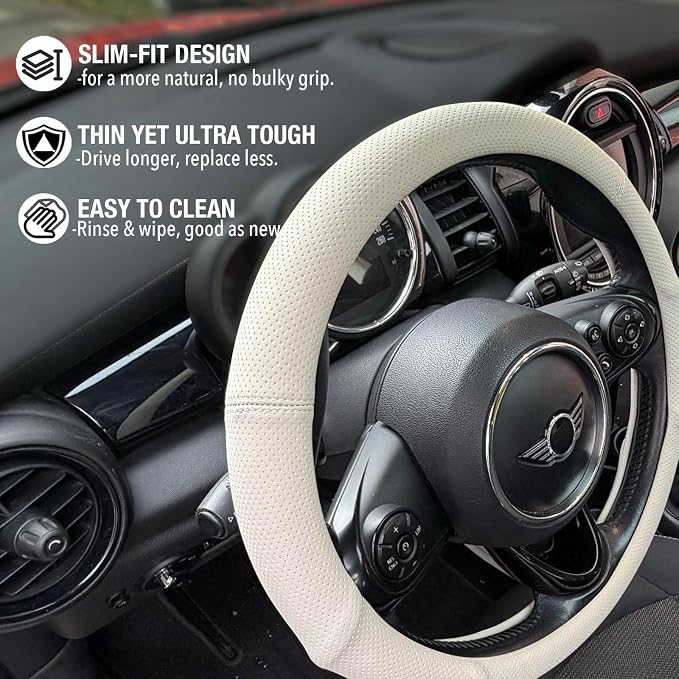 PINCTROT Large Size Nappa Leather Steering Wheel Cover with Ergonomic Palm Support Grip, Full Perforated Breathable, Slim Fit No Bulk Design,15.5-15.75 Inch(Cream White)