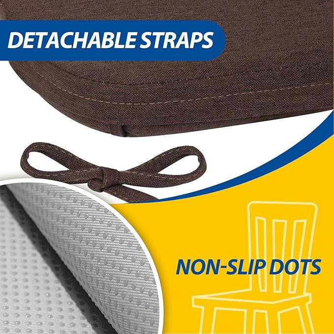 AAAAAcessories D-Shaped Chair Cushions, 2" Thick Dining Chair Pads with Ties and Removable, Machine-Washable Cover, 17" x 16", Set of 6, Brown