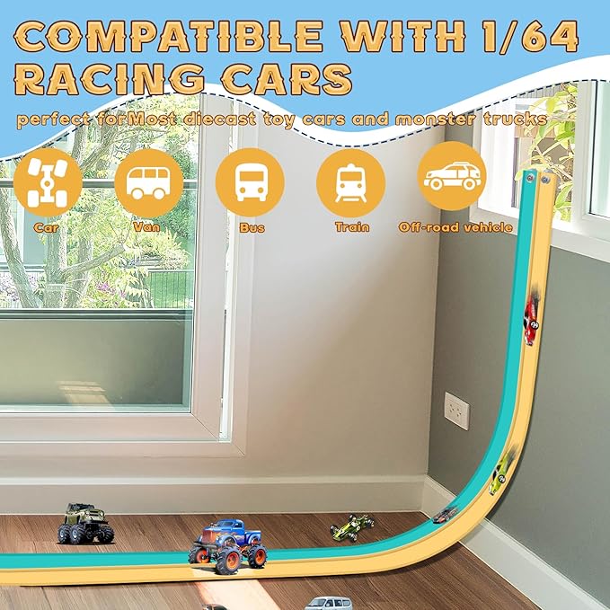 Flex Tracks 15 Ft for Kids Starter Set, Flexible Race Car Ramp Track with Suction Cups Compatible with Diecast 1/64th Cars for Ages 3 & Up (Daytona Blue & Yellow)