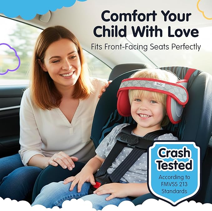 NapUp Adjustable Head Support for Car Seat – Patented & Crash-Tested Anti-Bobbing Head Holder Strap, Comfortable Sleep Solution - Breathable Fabric, Kids Travel Accessories - Ages 2+ - Red