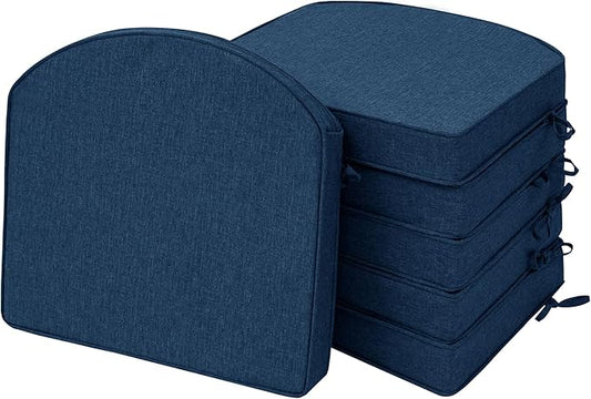 Outdoor Chair Cushions, Fade-Resistant & Water-Resistant, D Shaped Patio Furniture Seat Chair Pads Replacement with Ties, Non-Slip Bottom, Removable Cover, Set of 6, 17 x 16 Inch, Navy Blue