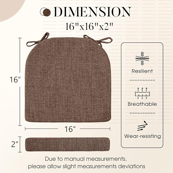 Basic Beyond Chair Cushions for Dining Chairs 4 Pack, Kitchen Chair Cushions with Ties and Non Slip Backing, 16 x 16 inches Chair Pads for Dining Chairs (Brown)