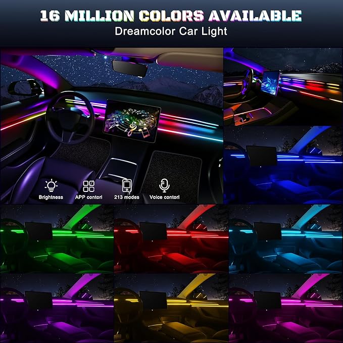 Dreamcolor Acrylic Interior Car LED Strip Light with USB/Type C/4-Port Cigarette Lighter, RGB 2 in 1 with 86.6 inches LEDs Ambient Lighting Kits, Sound Active Function Neon Led Strips for Car