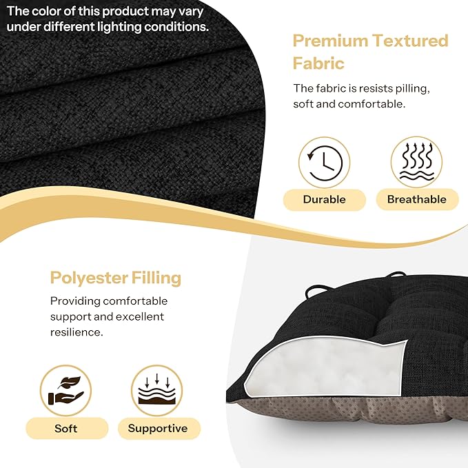 Chair Cushions for Dining Chairs Set of 2 Durable D-Shaped Seat Cushions with Non-Slip Backing Secure Ties Thick Cozy Seat Pad for Kitchen Dining Room Office(18x16.5x3in Black)