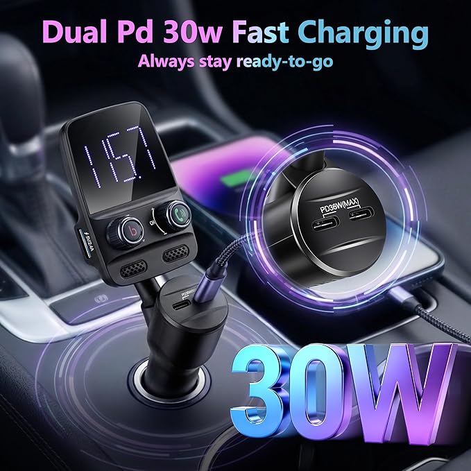 Upgraded Bluetooth FM Transmitter, Wireless Radio Adapter Hands Free Car Kit with 1.7'' Display, QC3.0 and Smart 2.4Amp Dual USB Ports, AUX Input/Output, TF Card Mp3 Player (Black,Pd 30W)