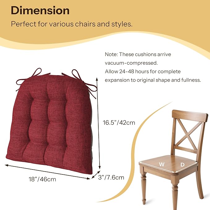 Chair Cushions for Dining Chairs Set of 4 Durable D-Shaped Seat Cushions with Non-Slip Backing Secure Ties Thick Cozy Seat Pad for Kitchen Dining Room Office(18x16.5x3in Burgundy)